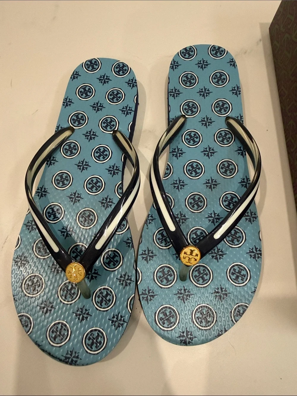 Tory Burch Light Blue Logo Pattern Flip Flop Sandals with Black Straps